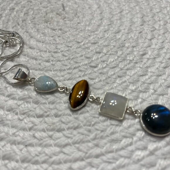 LARIMAR, TIGERS EYE, MOONSTONE & LABORADITE Handmade Sterling 925 Necklace #625D - Picture 2 of 3